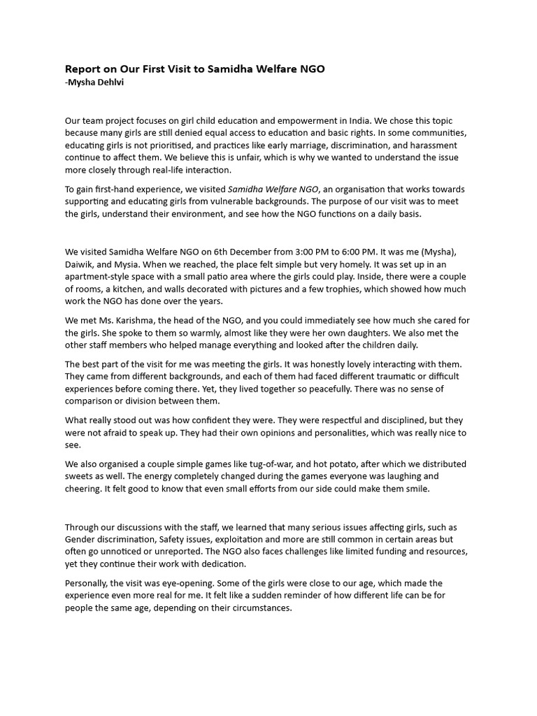 Report First Visit- S.W NGO | PDF | Social Psychology