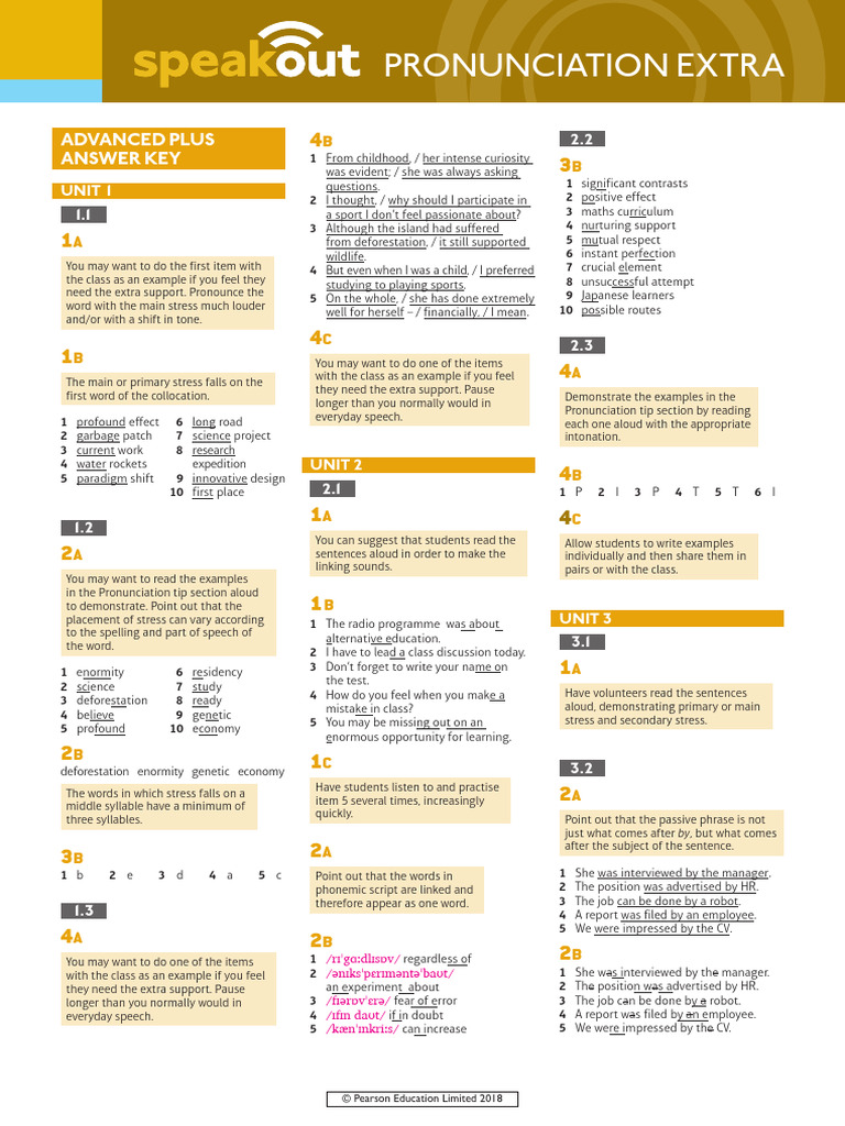 Speakout Pronunciation Extra Advanced Plus Answer Key | PDF | Stress ...