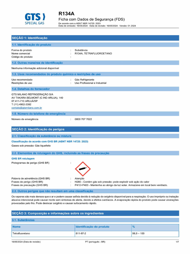 Fds - Fluido Refrigerante r134a | PDF
