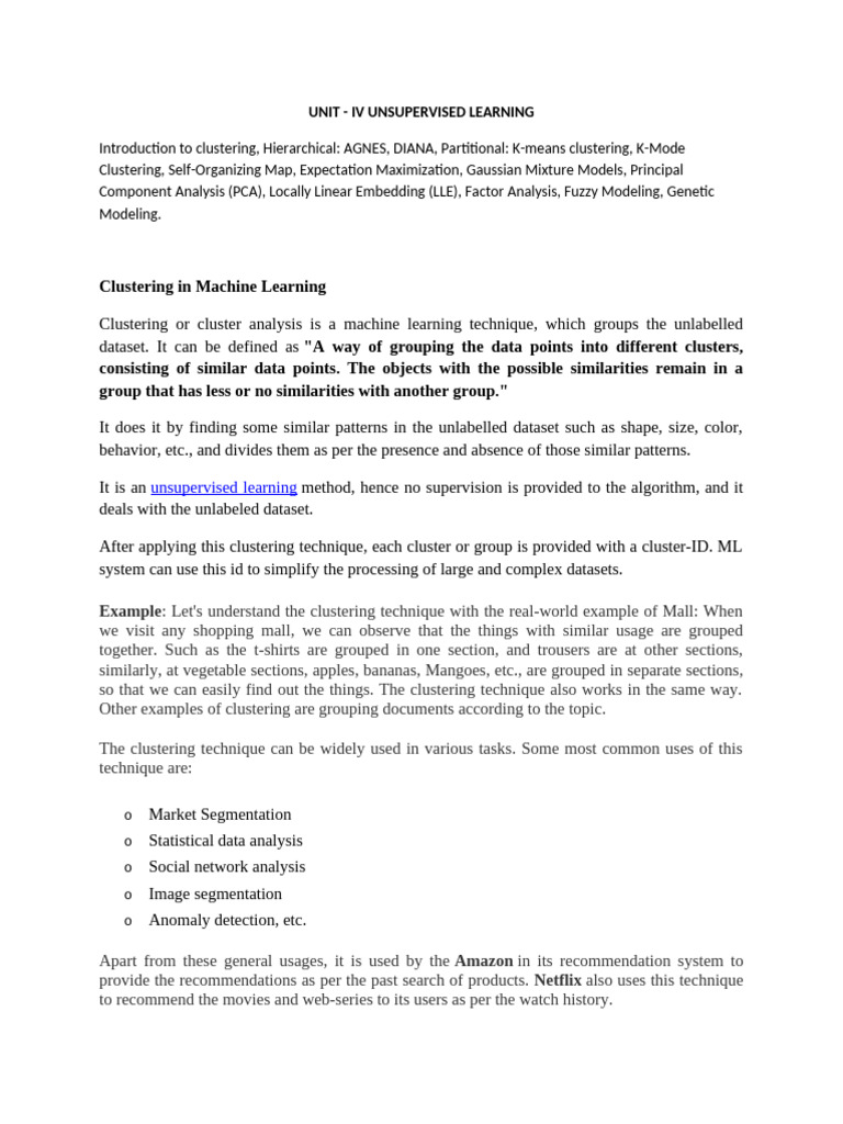 23AD1401 Machine Learning Unit 4 | PDF | Cluster Analysis | Applied ...