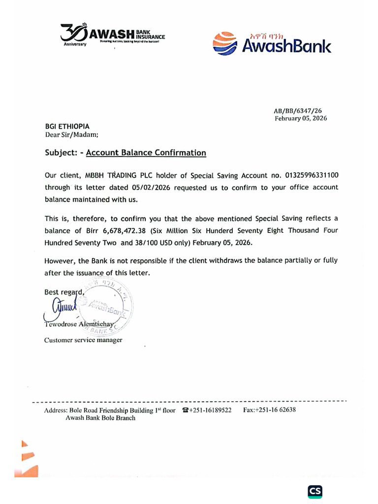 Awash Bank Account Balance Confirmation | PDF