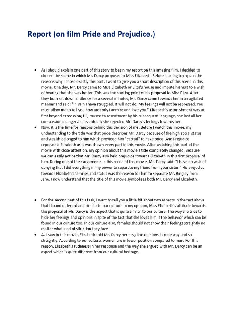 IC. Report On The Film - Pride and Prejudice | PDF | Mr. Darcy