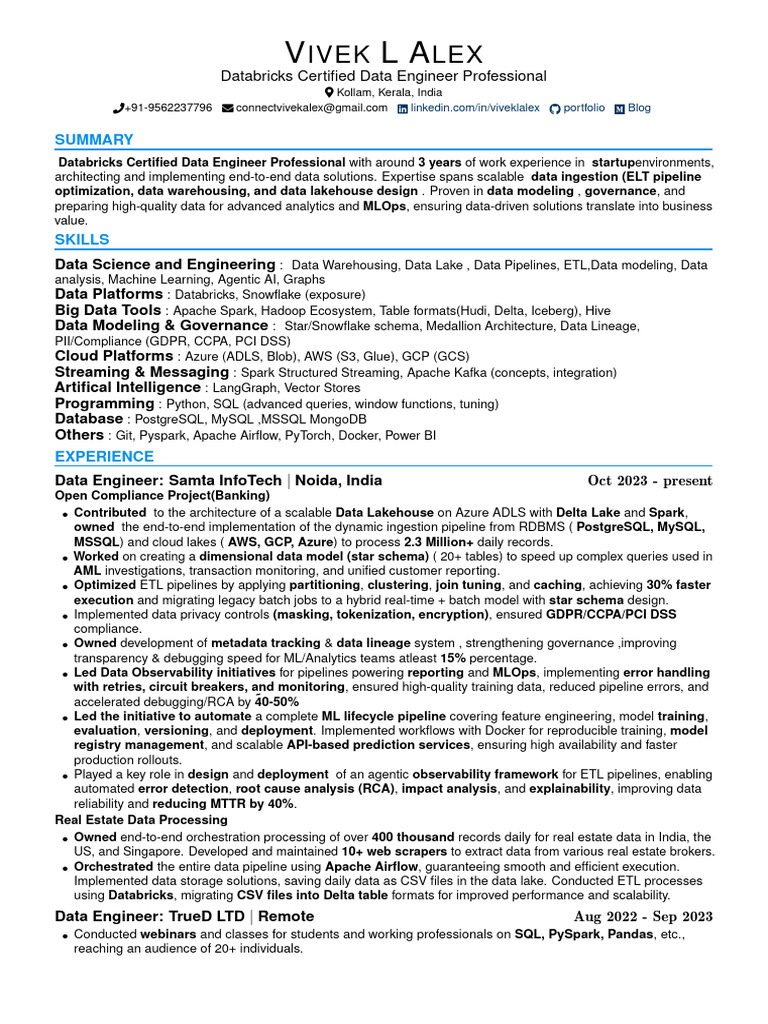 Vivek L Alex Resume Dataengineer | PDF | Microsoft Sql Server | Apache ...