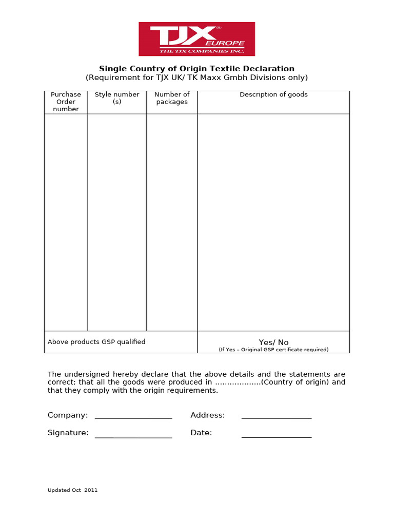 111027 Single Country of Origin Textile Declaration 2 Nd (v-2) | PDF