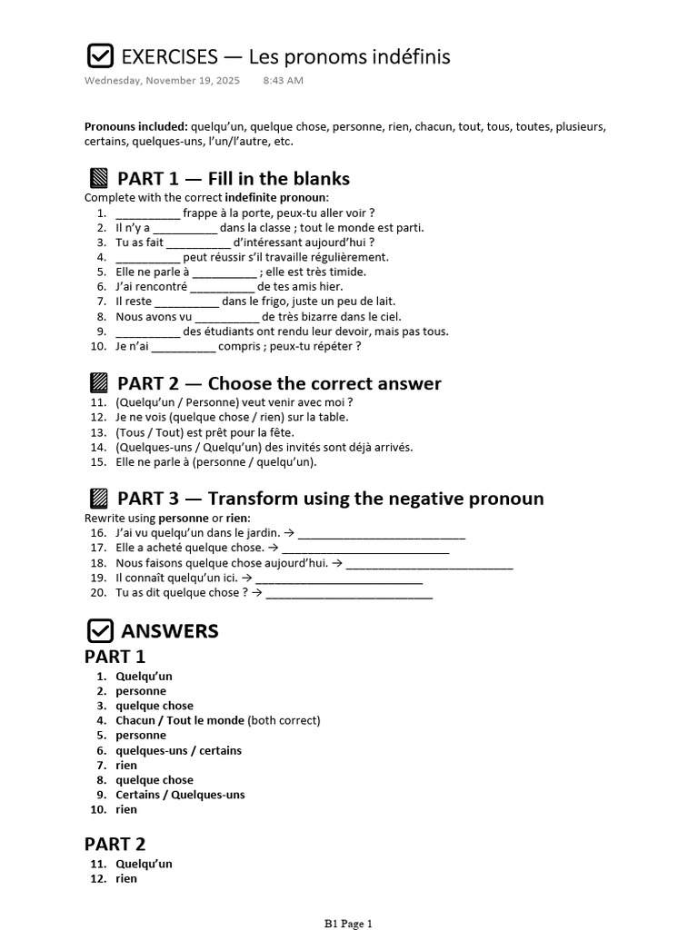 EXERCISES - Les Pronoms Indéfinis | PDF