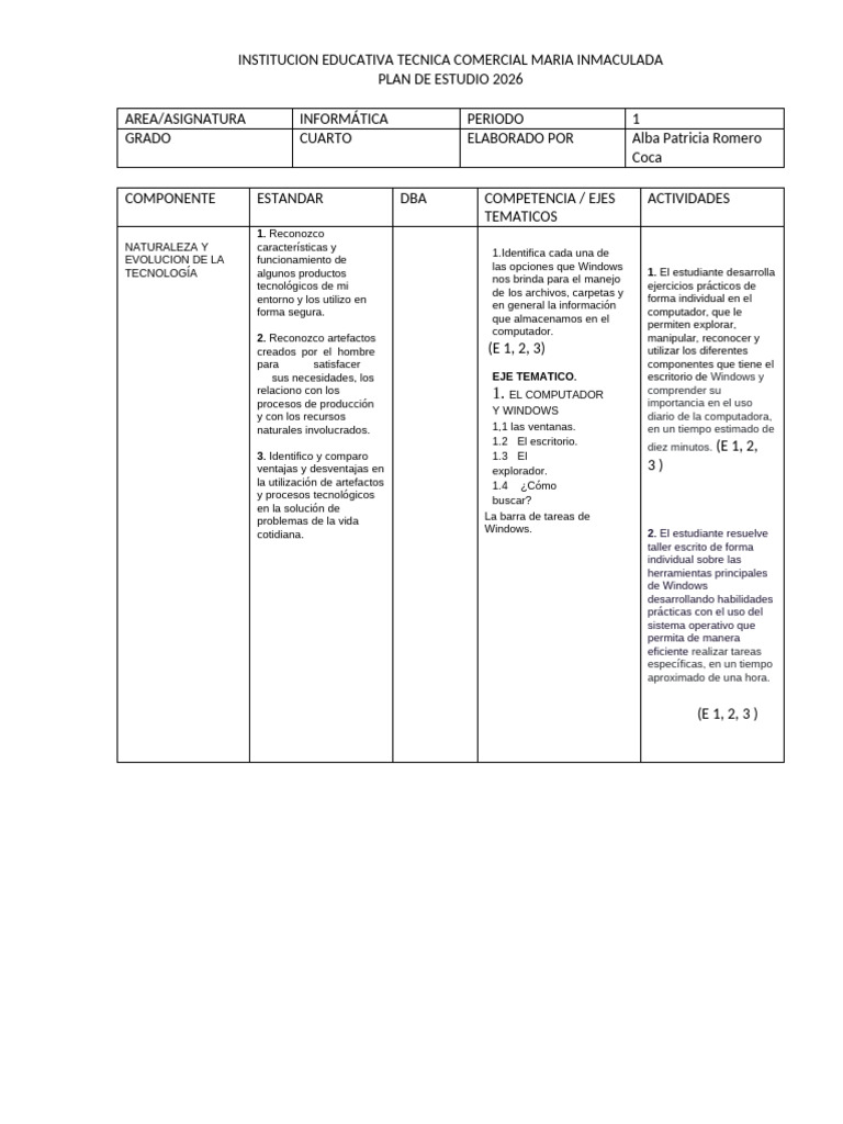 2026 - Plan de Estudio Informática 4° Grado | PDF | Microsoft Windows ...