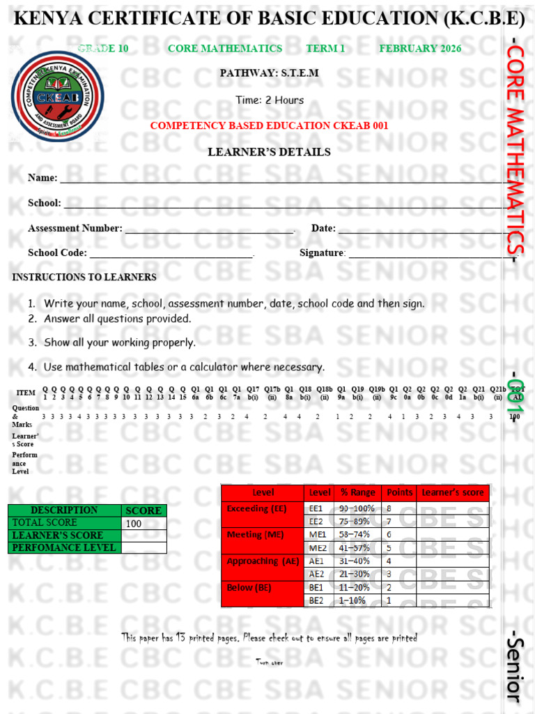 Grade 10 Core Mathematics 002 2026 | PDF | Area | Volume