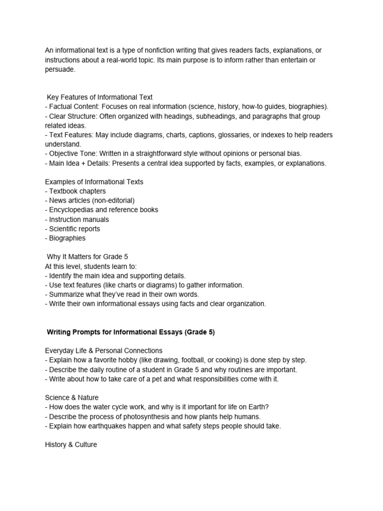 Informational Text Writing Prompts (Class V) | PDF | Essays | Non Fiction
