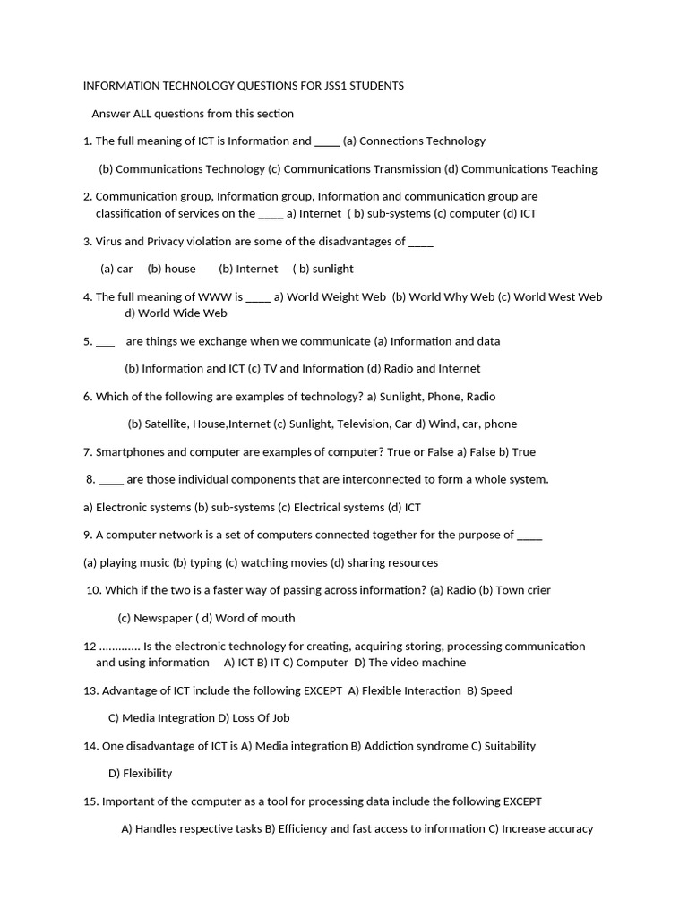Information Technology Questions For Junior Secondary School | PDF ...