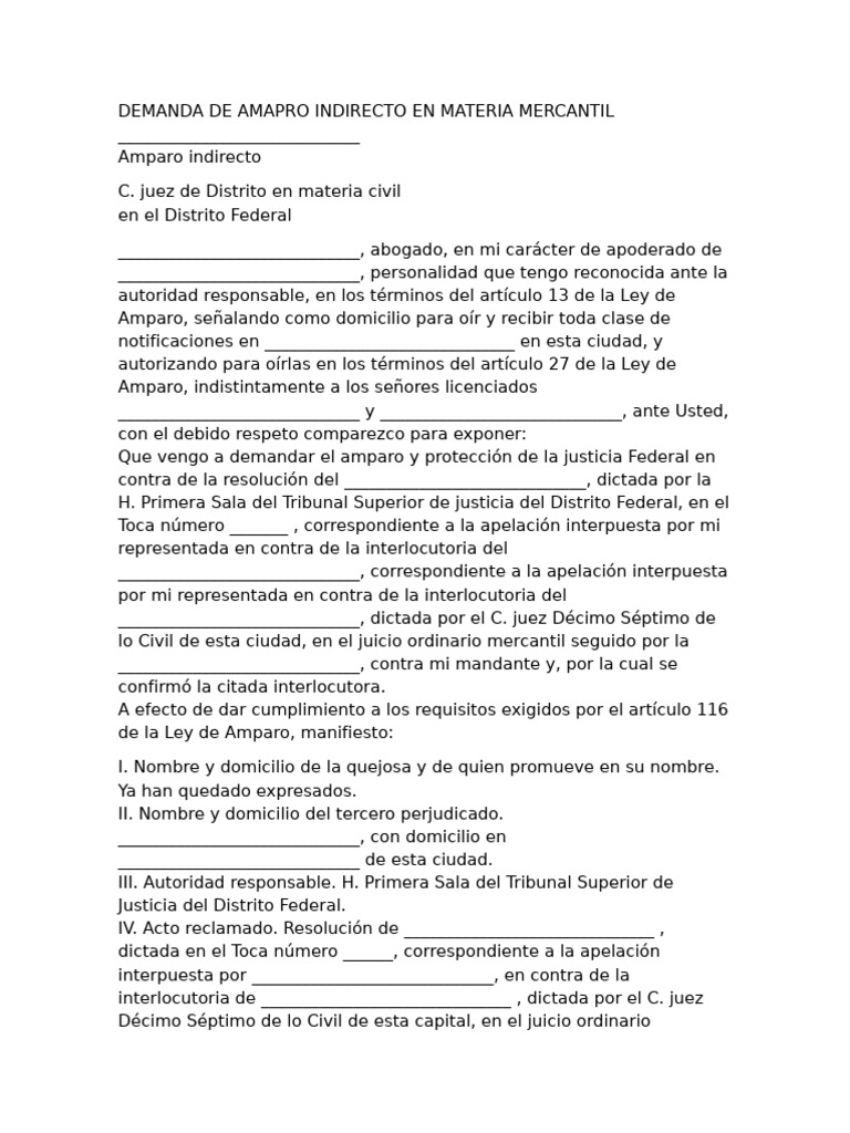 DEMANDA DE AMAPRO INDIRECTO EN MATERIA MERCANTIL | PDF | Sentencia (ley ...