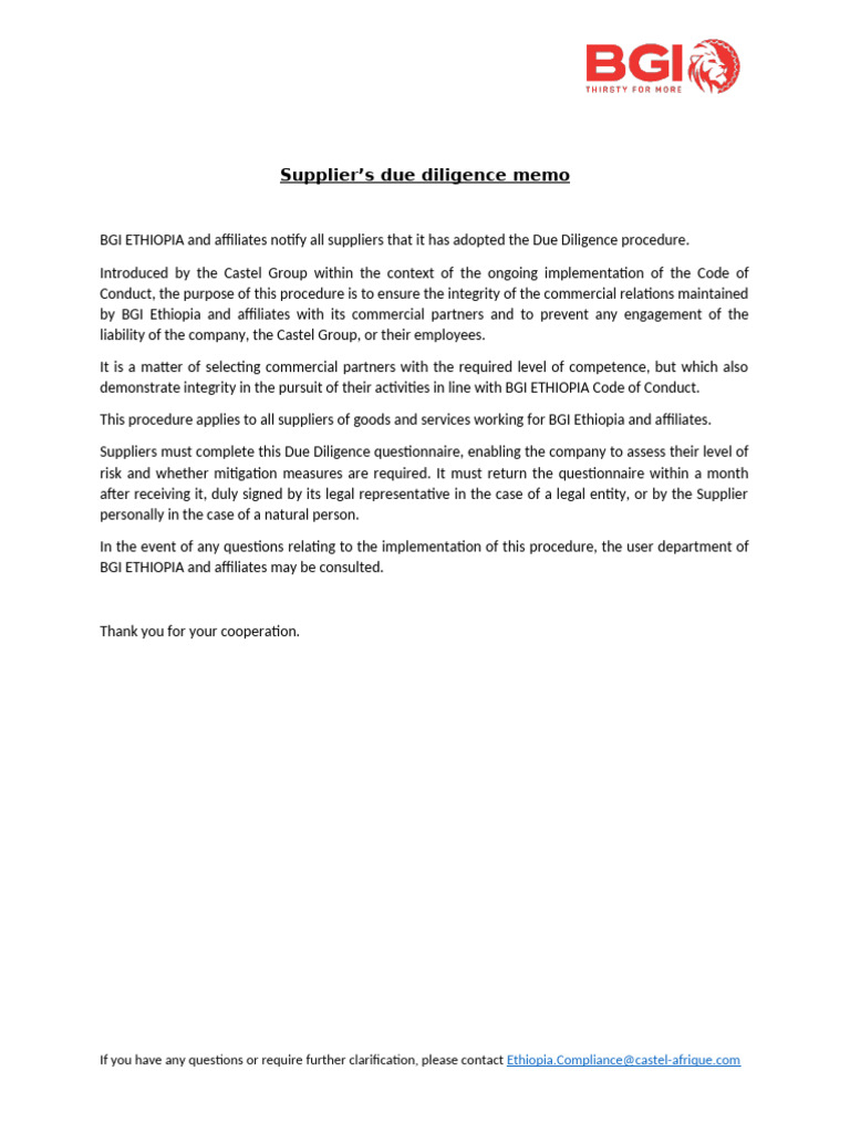 DD - Supplier's Due Diligence Memo | PDF