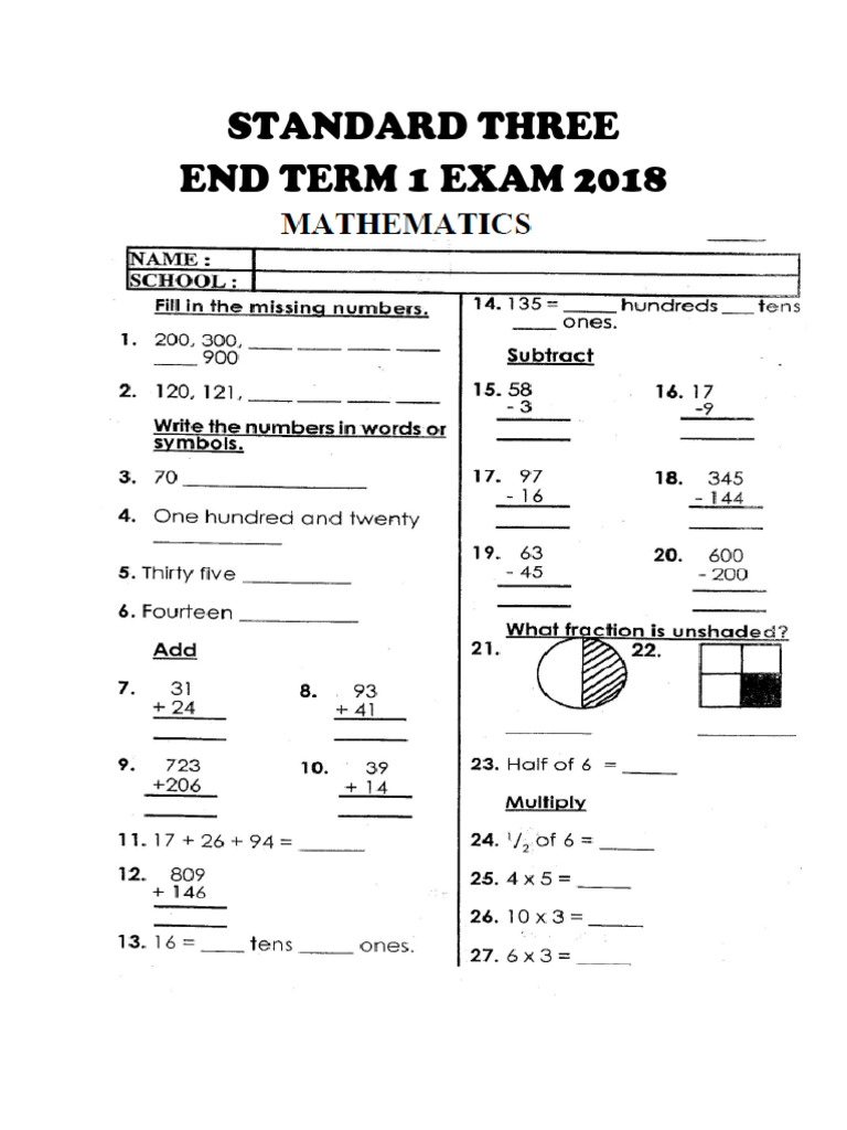 Mathematics STD 3 End Term 1 Exam 2018 | PDF