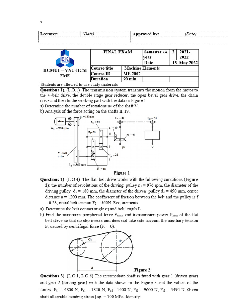Final Exam Me 2007 Machine Elements Semester 2 2021 2022 | PDF | Belt ...