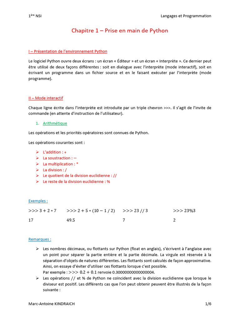 Nsi Chapitre 1 Prise en Main de Python 1 | PDF | Division | Python ...