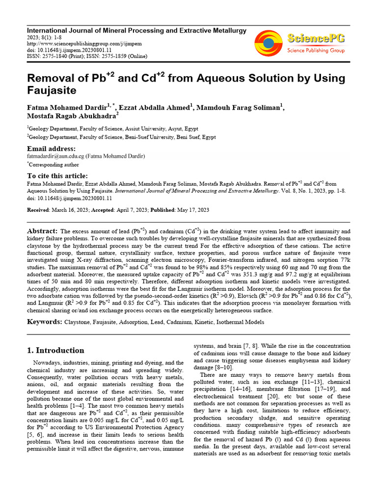 Removal of Pb2 and Cd2 From Aqueous Solution by Us | PDF | Adsorption ...
