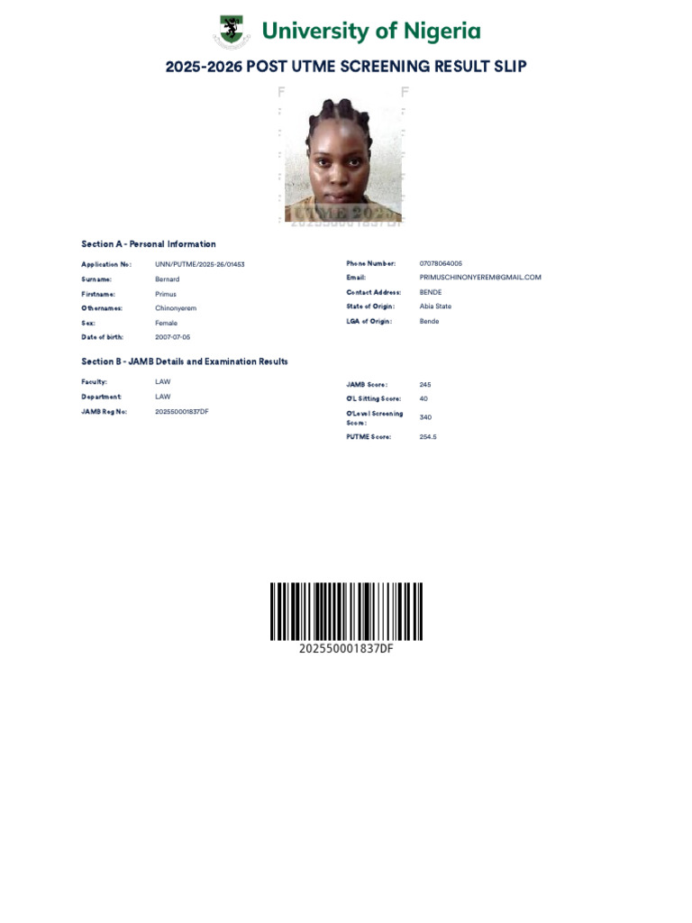 2025-2026 Post Utme Screening Result Slip: Section A - Personal ...