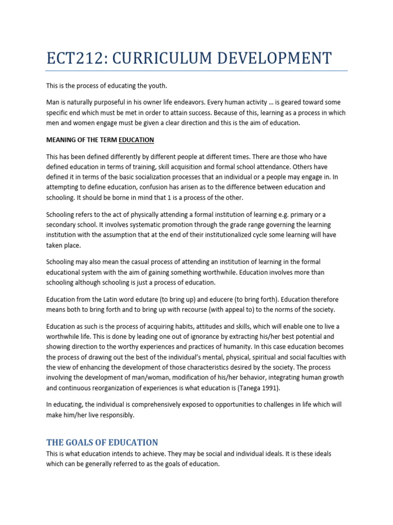 ECT 212 Curriculum Development Notes | PDF | Curriculum | Teachers