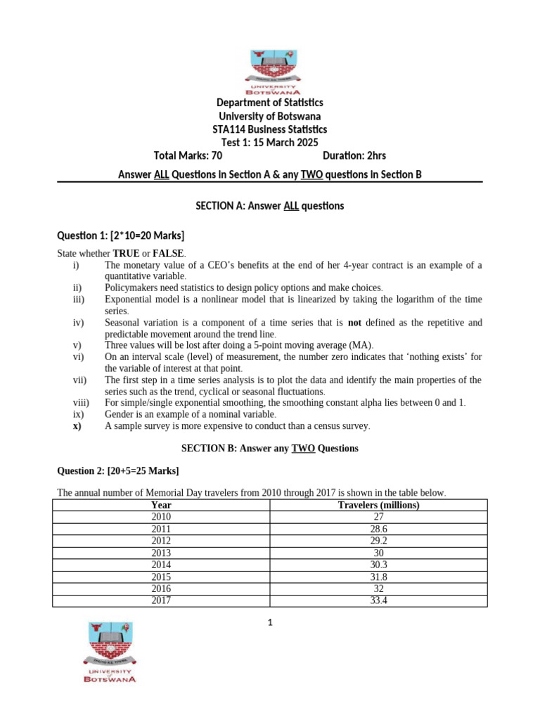 STA 114 2025 Test One - First Draft | PDF | Statistics | Forecasting