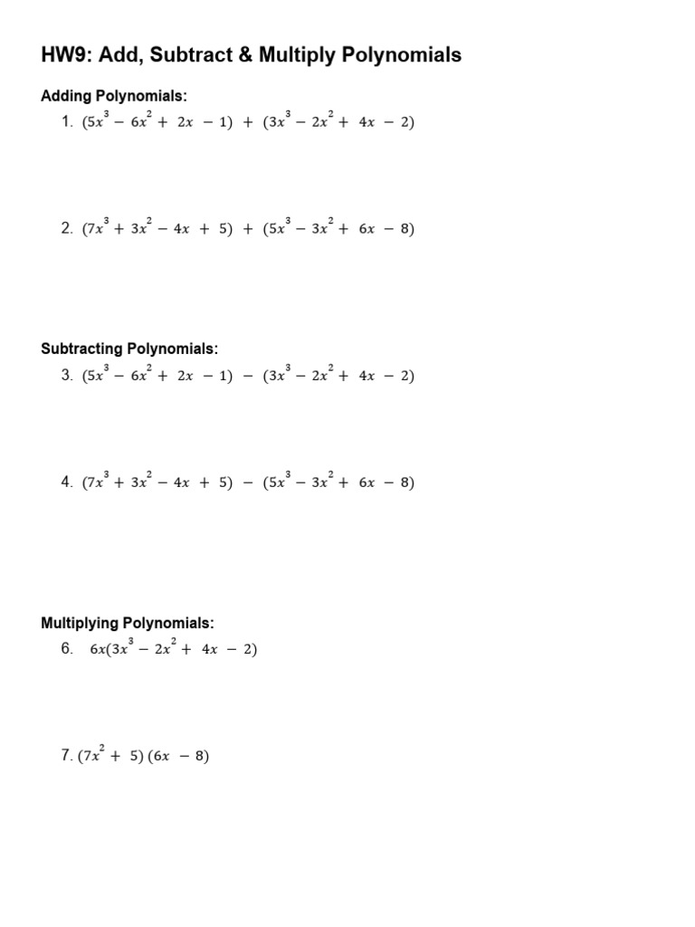 HW9 - Add, Subtract & Multiply Polynomials | PDF