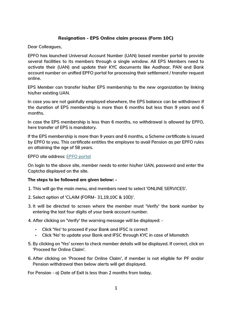 Resignation - EPS Online Claim Process (Form 10C) | PDF