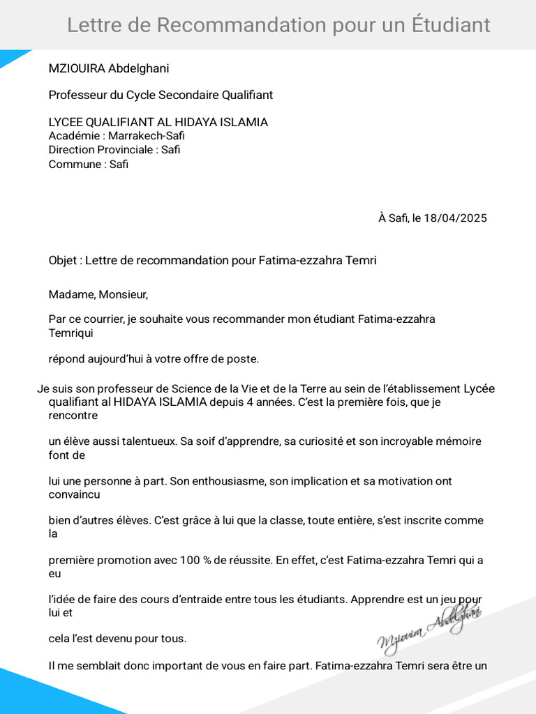 Lettre de Recommandation Étudiant | PDF
