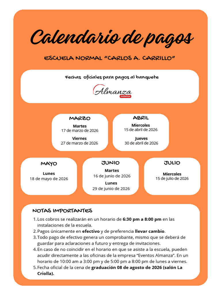 CALENDARIO de PAGOS - Normal Carlos A. Carrillo 2026 | PDF