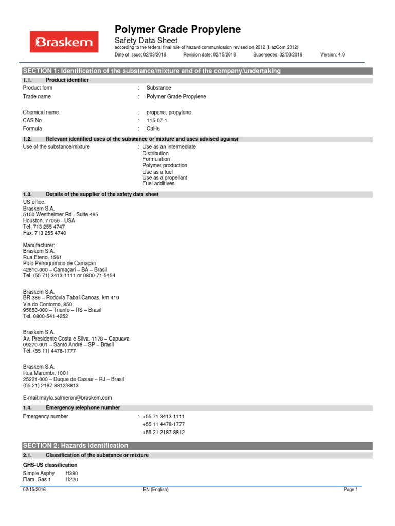 SDS Polymer Grade Propylene - en US | PDF | Combustion | Firefighting