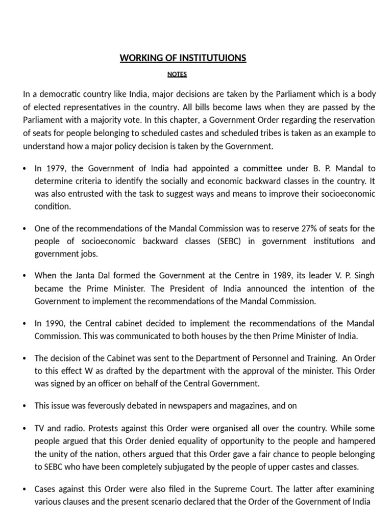 Working of Institutuions - Notes | PDF | Cabinet (Government ...