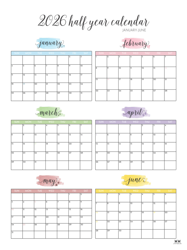 Printable Six Month January June 2026 Calendars 5 P | PDF