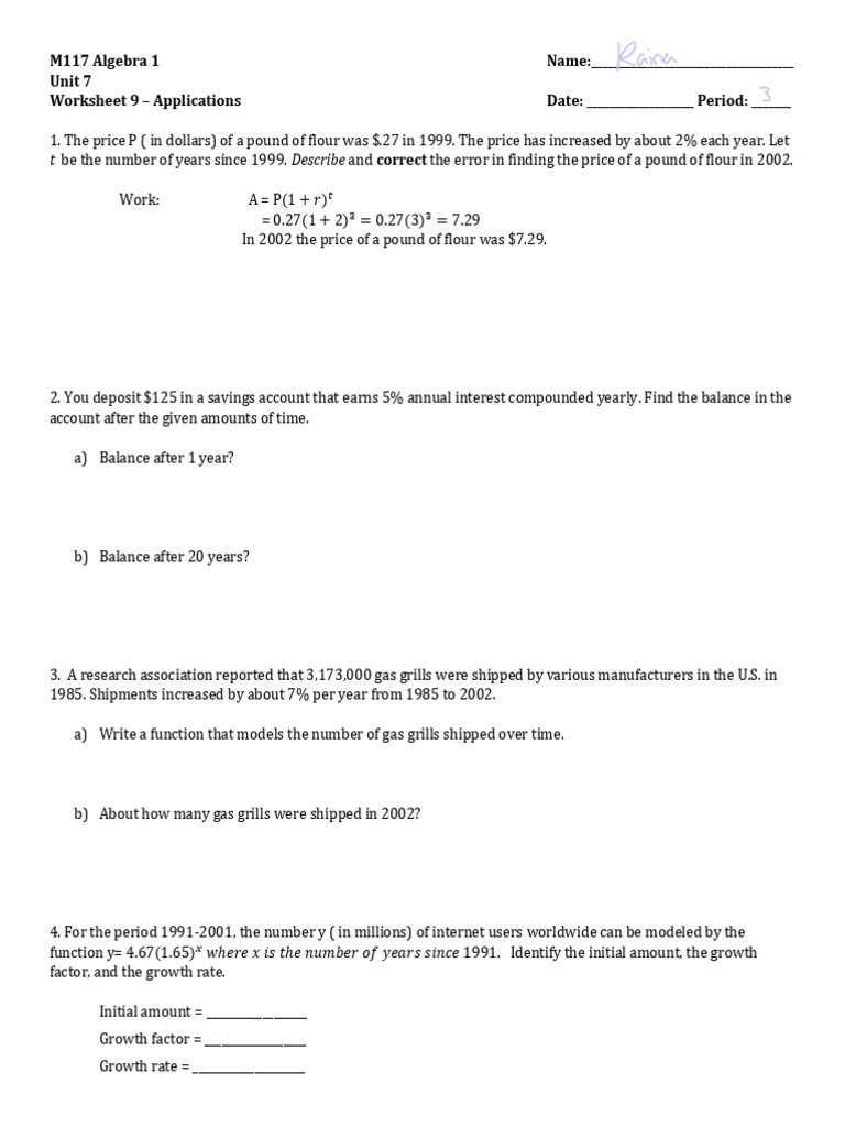 M117 Unit 7 Worksheet 9 | PDF | Function (Mathematics)