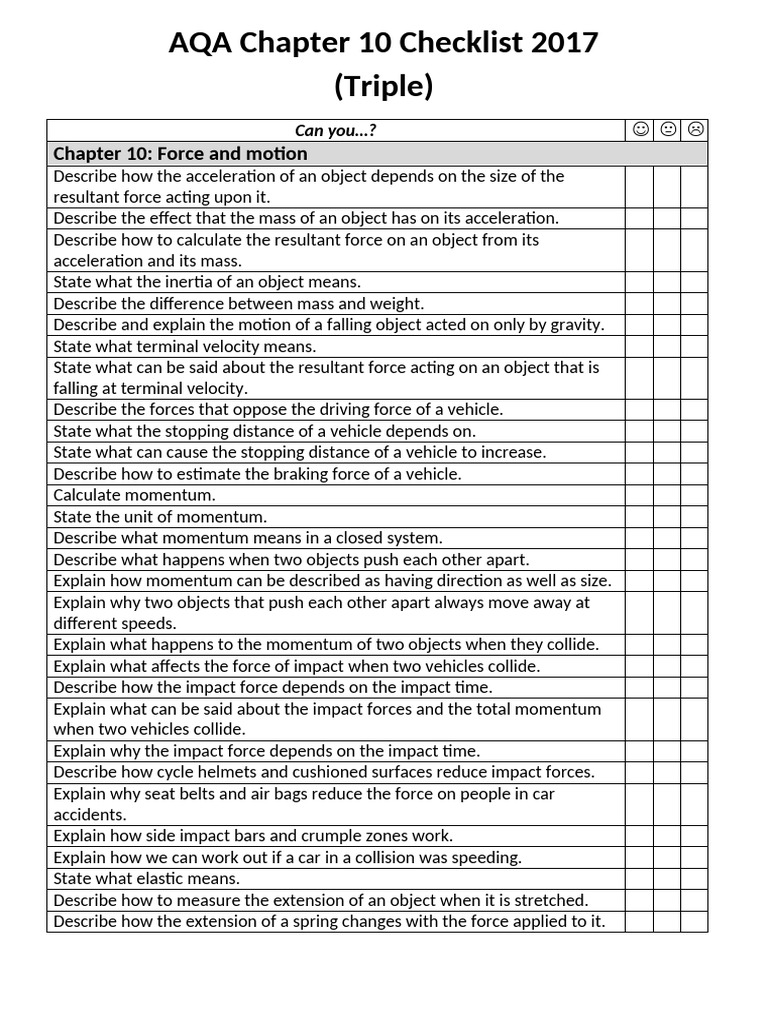 AQA Chapter 10 Checklist (Triple) Forces and Motion | PDF | Force | Mass
