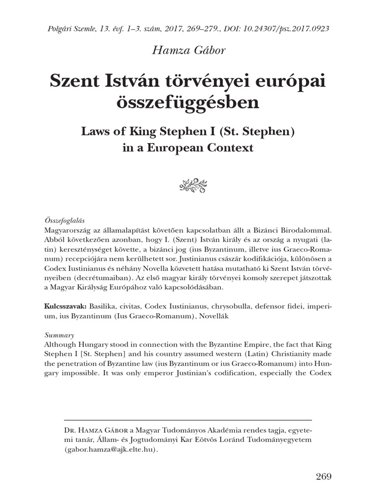 Hamza Gábor-Szent István törvényei európai összefüggésben | PDF