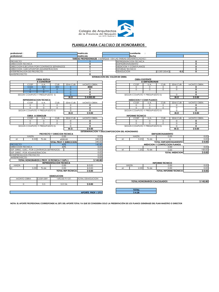 Planilla de Calculo de Honorarios | PDF