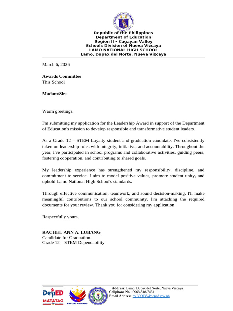 Endorsement-Letter of Intent For Leadership Award | PDF | Cognition