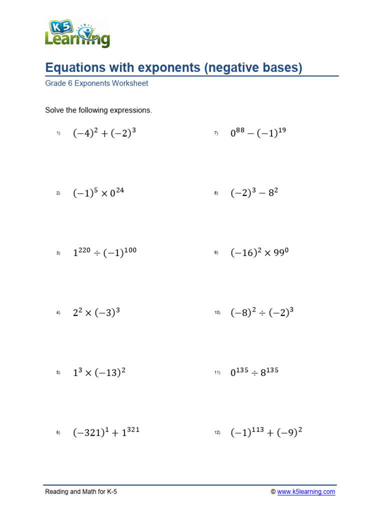 Grade 6 Exponents Equations Negative Bases B | PDF