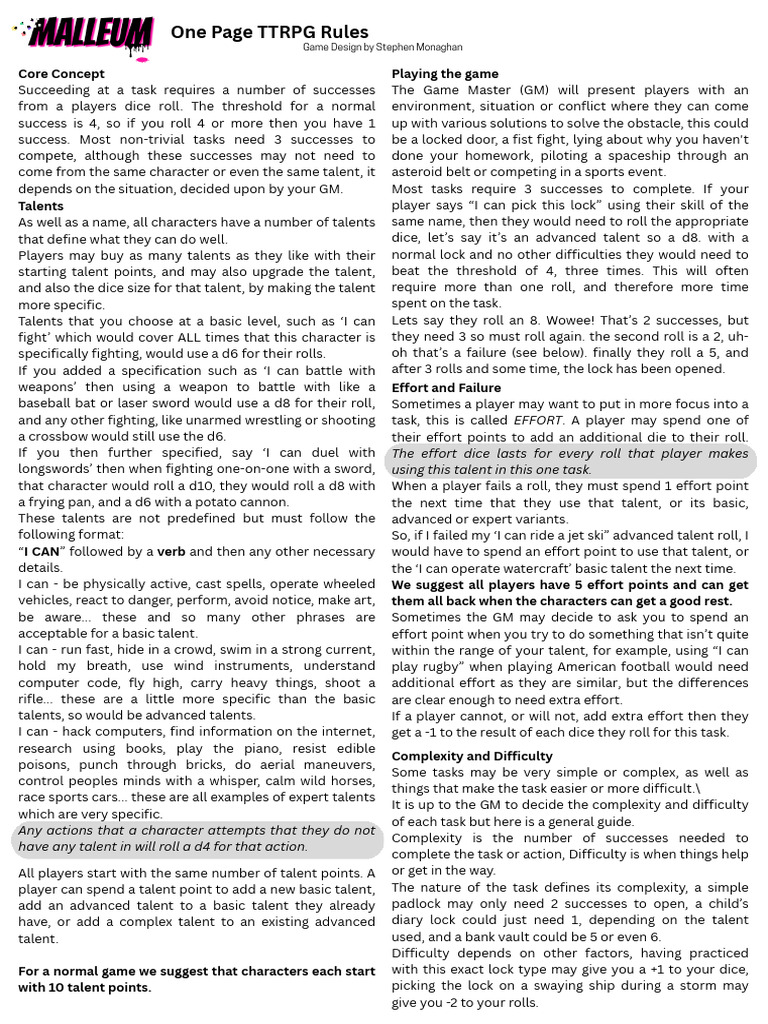Tester One Page TTRPG Rules | PDF | Luck | Dice