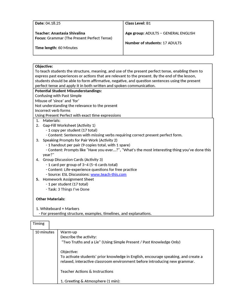 Lesson Plan Form With Instructions | PDF | Perfect (Grammar ...