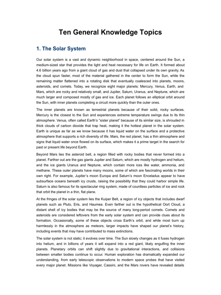 General Knowledge 10 Topics | PDF | Solar System | Planets