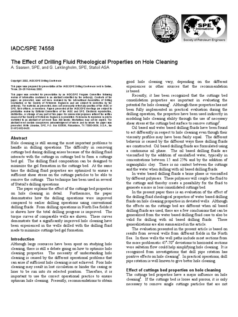 The Effect of Drilling Fluid Rheological Properties On Hole Cleaning ...