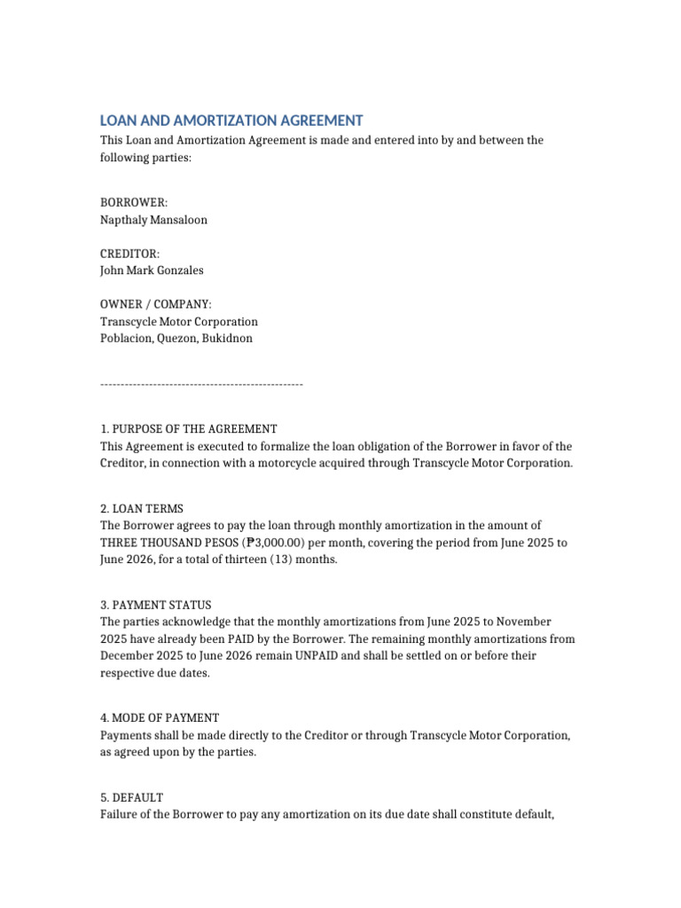 Loan and Amortization Agreement Transcycle (1) | PDF