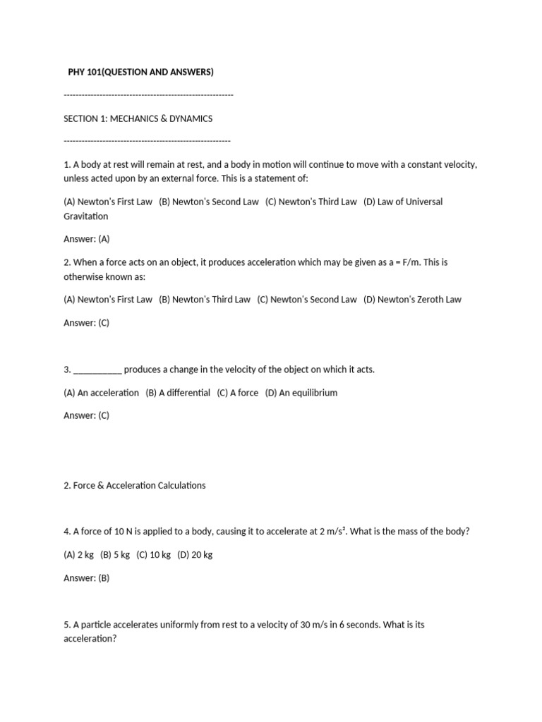 Phy 101 (Question and Answers) | PDF | Force | Acceleration
