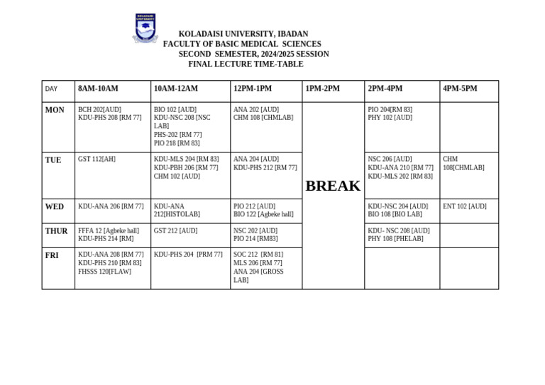 Fbms Second Semester 24_25 Session Lecture Timetable (1) | PDF