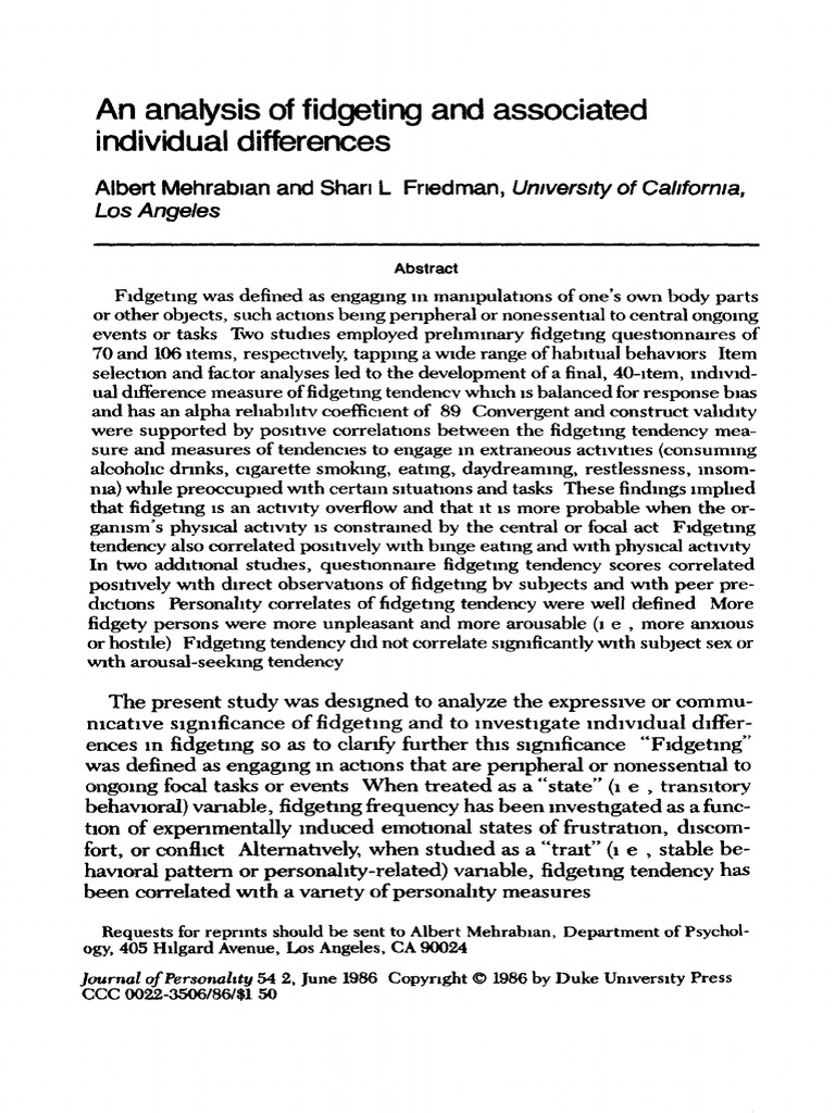 Mehrabian & Friedman (1986) - Fidgeting | PDF