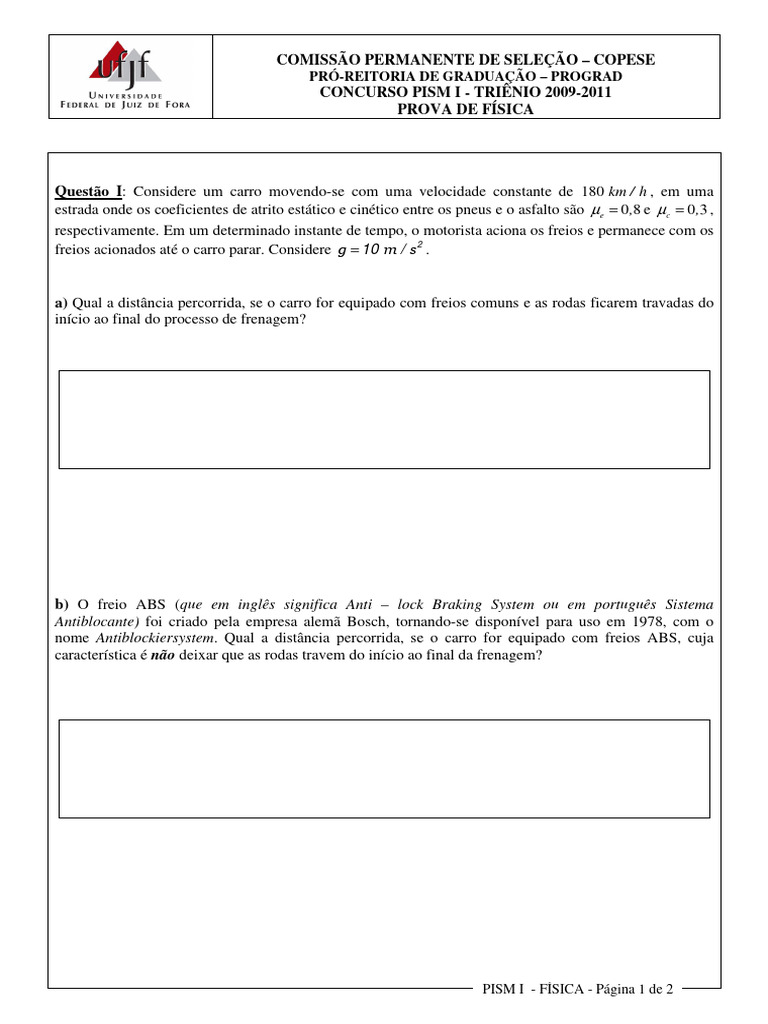 Prova de Fösica Disc Pism I | PDF