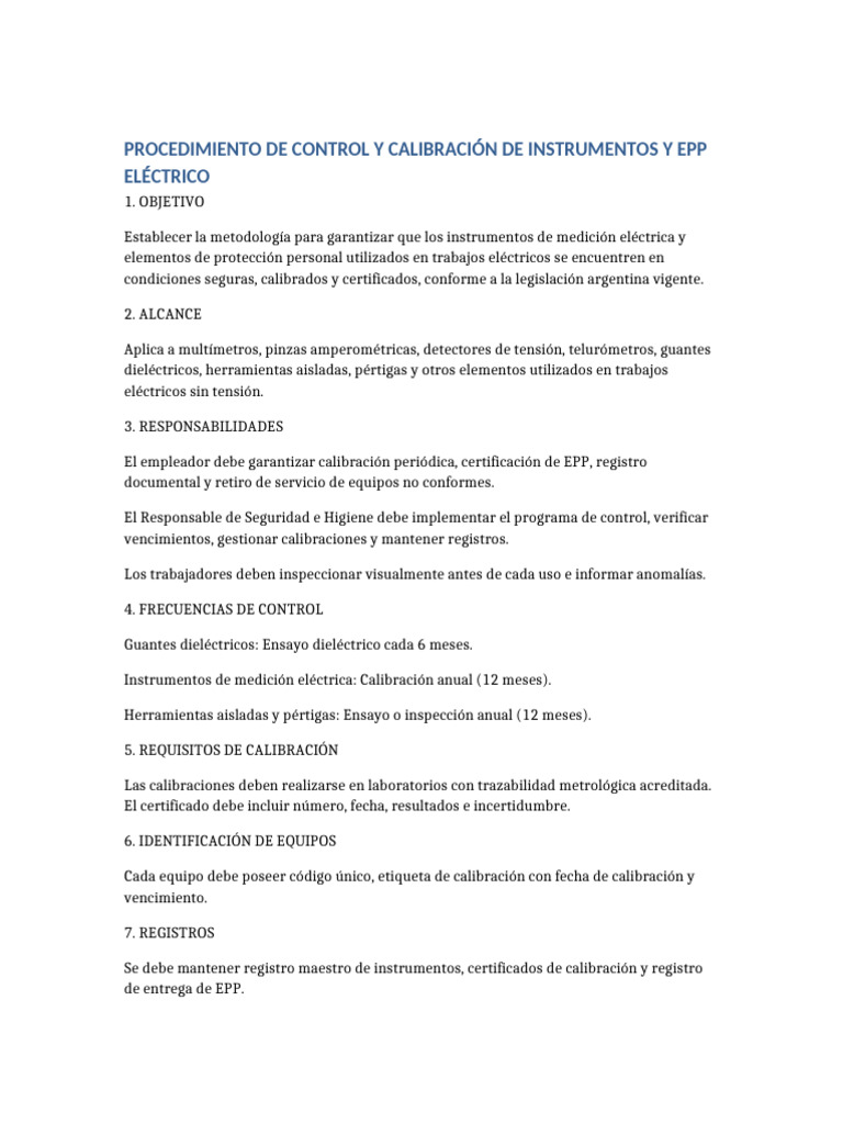 Procedimiento Control Calibracion Electrico | PDF