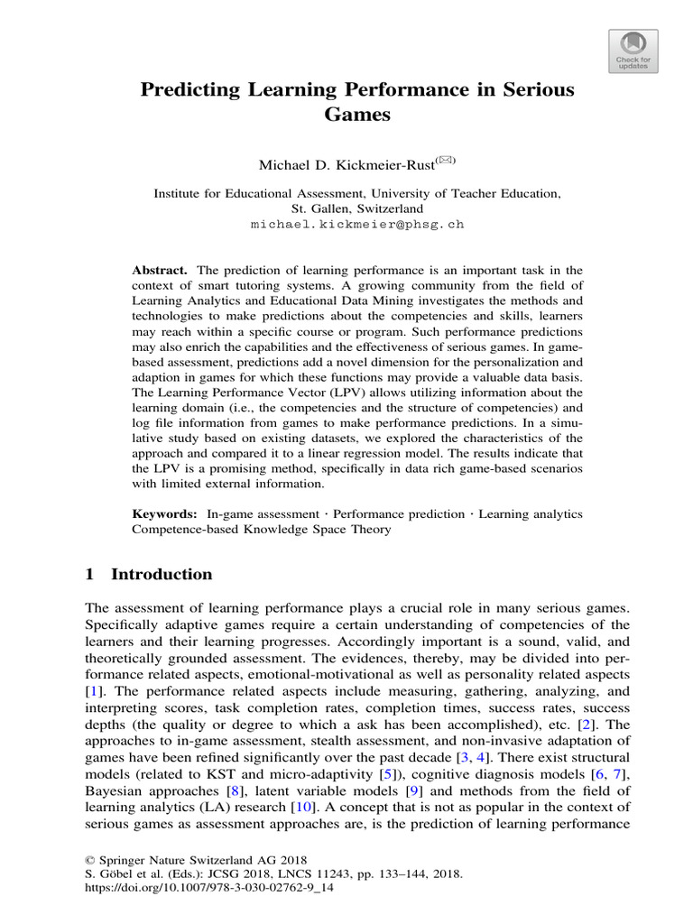 Predicting Learning Performance in Serious Games | PDF | Prediction ...