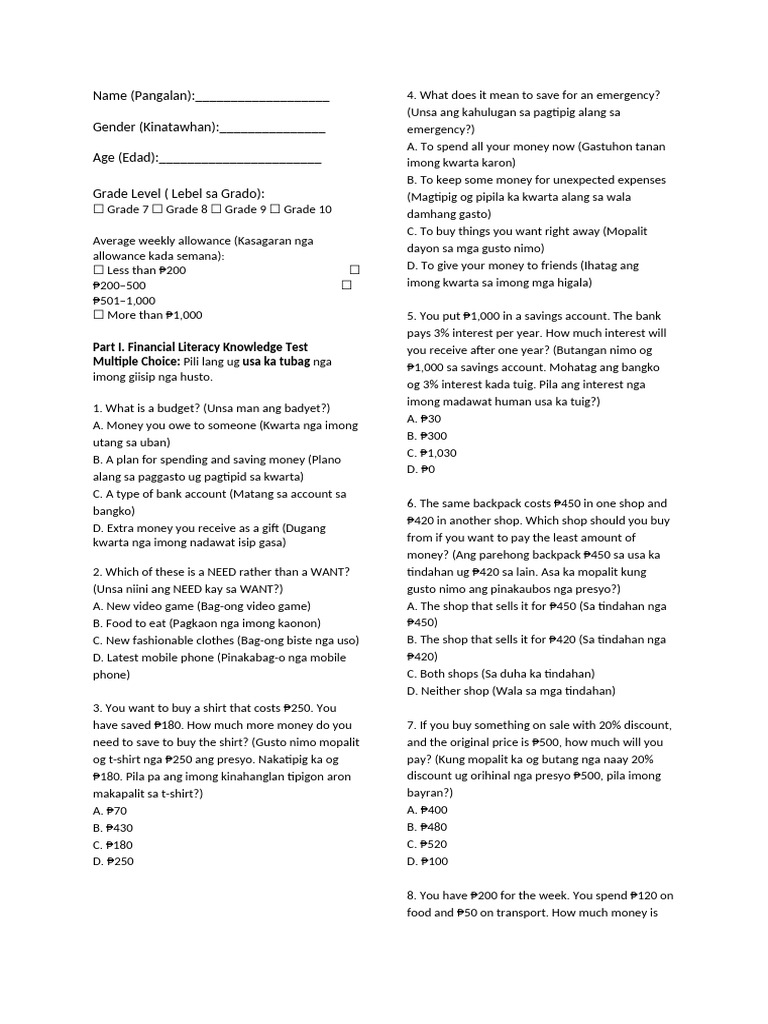 Financial Literacy Questionnaire | PDF