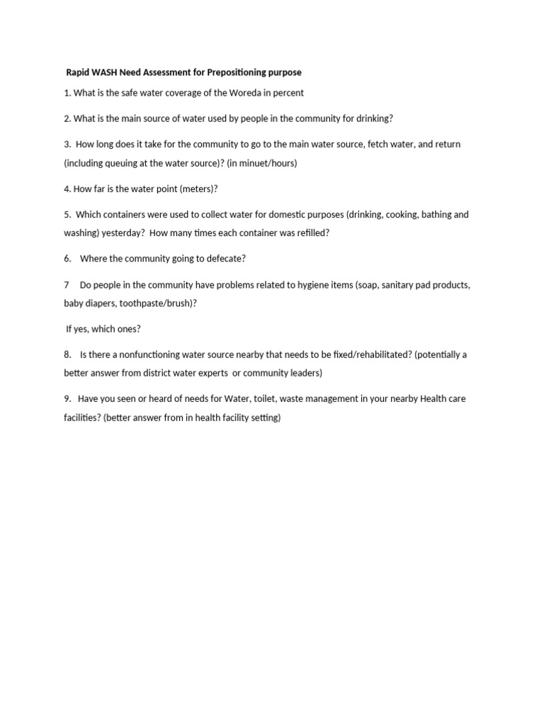 WASH Need Assessment-BHA Prepositioning | PDF