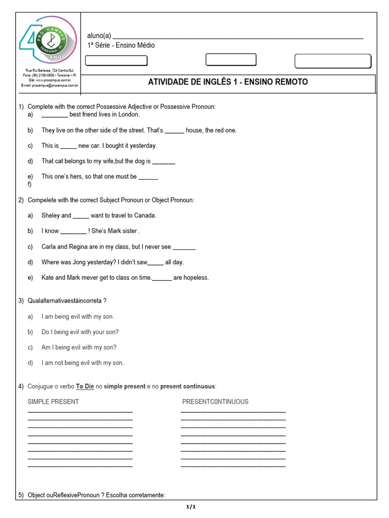 1 Série Ensino Médio Atividade de Inglês 1 Ensino Remoto | PDF