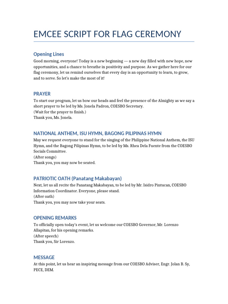 Flag Ceremony Emcee Script | PDF